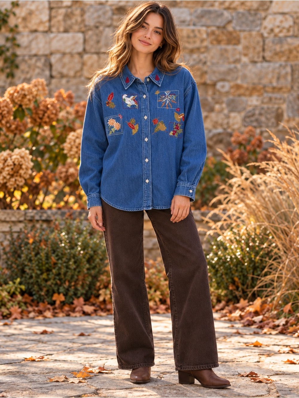 Embroidered Fall Denim Button Down Bobbie Brooks Medium